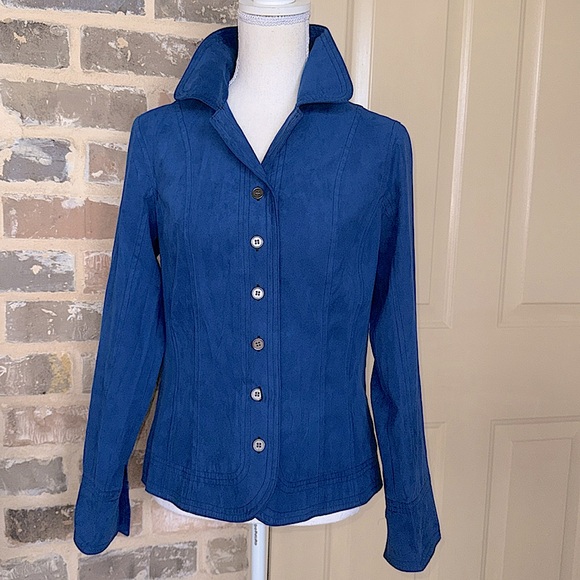 Royal Blue Micro Suede Jacket Button Front Top Western Boho Buttoned Sleeve SM - Picture 1 of 10